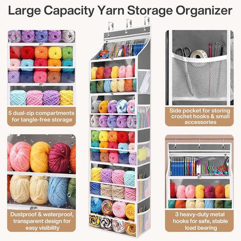Hanging Yarn Storage Organizer with 5 Zipper Closure Compartments