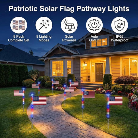 Solar Pathway Lights With American Flag White Blue Lighting
