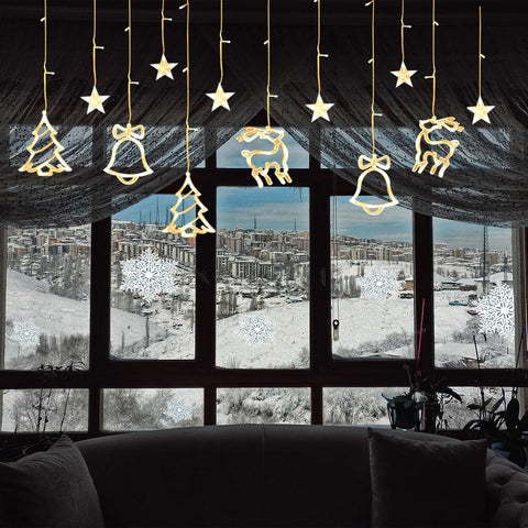 3.5m LED Christmas Curtain Lights – 120 Warm White Fairy LEDs with Hanging Stars, Reindeer, Bells & Trees - Turn Your Windows into a Little Christmas Wonderland