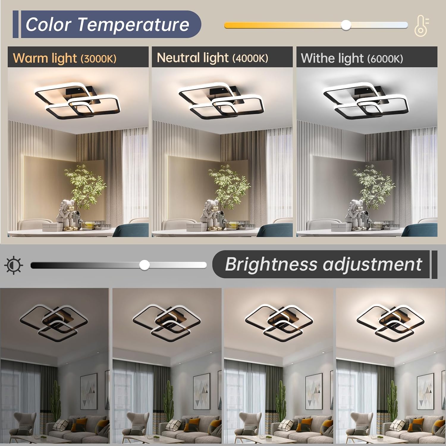 Comparison of light settings in a room with color temperature and brightness adjustment controls.