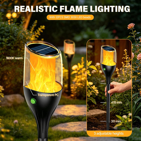 1PCS Solar Flickering Flame Lights, 12 LED Solar Pathway Stake Lights 64CM Tall, IP65 Waterproof for Patio Path Porch Yard Outdoor Garden Garage Deck Stairway Gate