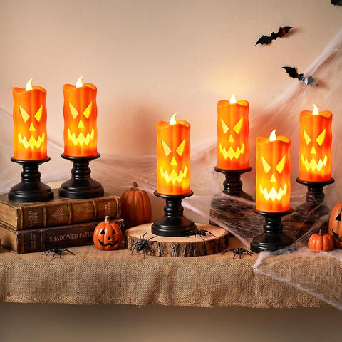 Halloween Ghost Pumpkin Led Candle Light, Halloween LED Candle Decoration 6Pack Battery Powered Halloween Table Decoration Indoor,LED Pumpkin for Window ,Flameless Pumpkin Candles for Halloween Party