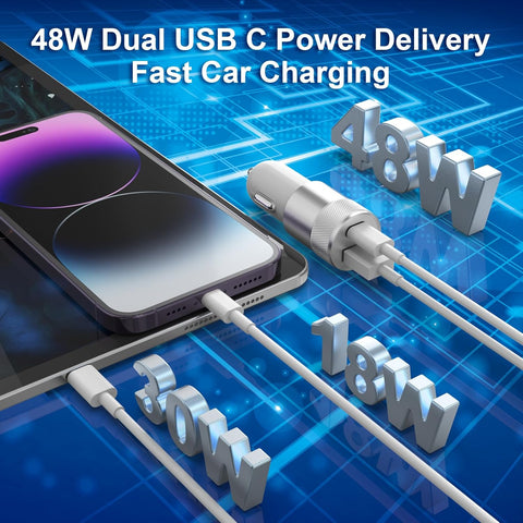 2 Pack 48W Dual USB Car Charger Adapter with Cables for iPhone and Samsung