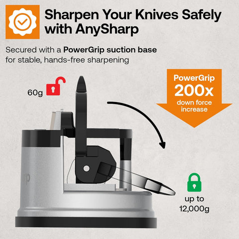 AnySharp Knife Sharpener – PowerGrip Suction Base | Hands-Free Safety | Sharpens All Kitchen Knives | Ideal for Hardened Steel & Serrated