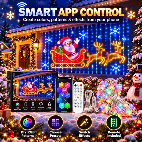 Christmas LED House Net 3x3m – 400 RGB Pixel Smart Outdoor Wall Curtain Lights with App Control, DIY Patterns, Music Sync & IP65 Protection - Turn a Blank Wall Into a Christmas Showpiece