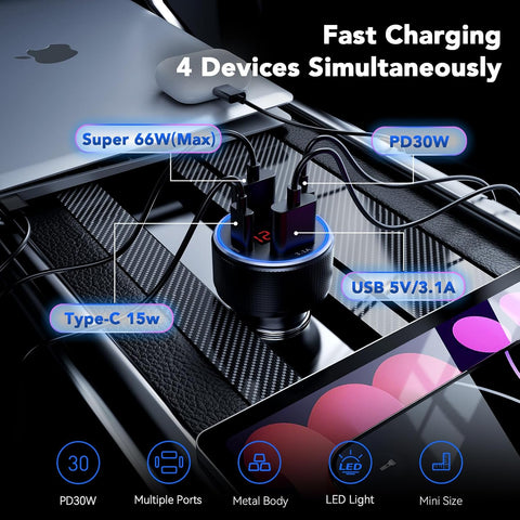 AGEK 78W 4-Port USB C Car Charger with Voltmeter