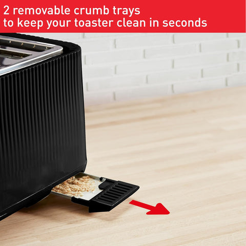 4 Slice Black Toaster 1700W | 7 Browning Levels, Defrost, Reheat, Cancel, High-Lift Lever & Removable Crumb Tray