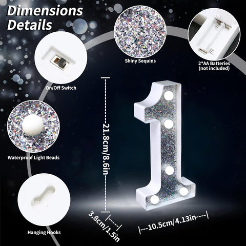 Number 1 Style LED Marquee Lamp, Silver Glitter Light Up Letter Sign, Battery Powered Tabletop Decorative Marquee Light with On/Off Switch for Wedding, Birthday, Party and Home Decor
