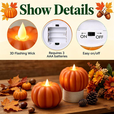 2 Pcs Pumpkin Flameless Candle with Remote, LED Battery Operated Real Wax 3D Flickering Pillar Candle, Autumn Halloween Thanksgiving Home Decoration Fall Gift for Indoor Farmhouse Decor