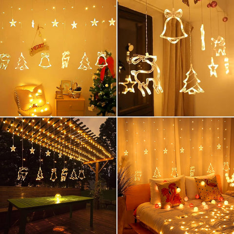 GlobaLink Christmas Curtain Fairy Lights – 138 Warm White LED Stars, Reindeer & Tree Decorations with 8 Flash Modes - Bring a Little Christmas Magic to Every Window