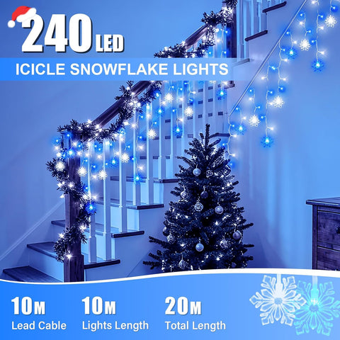 Dalugo 10M Christmas Icicle Lights Outdoor – 240 LED Blue & White Snowflake Lights with 6H Timer, 8 Modes & Memory Function - Make Your Home Glow Like a Winter Wonderland