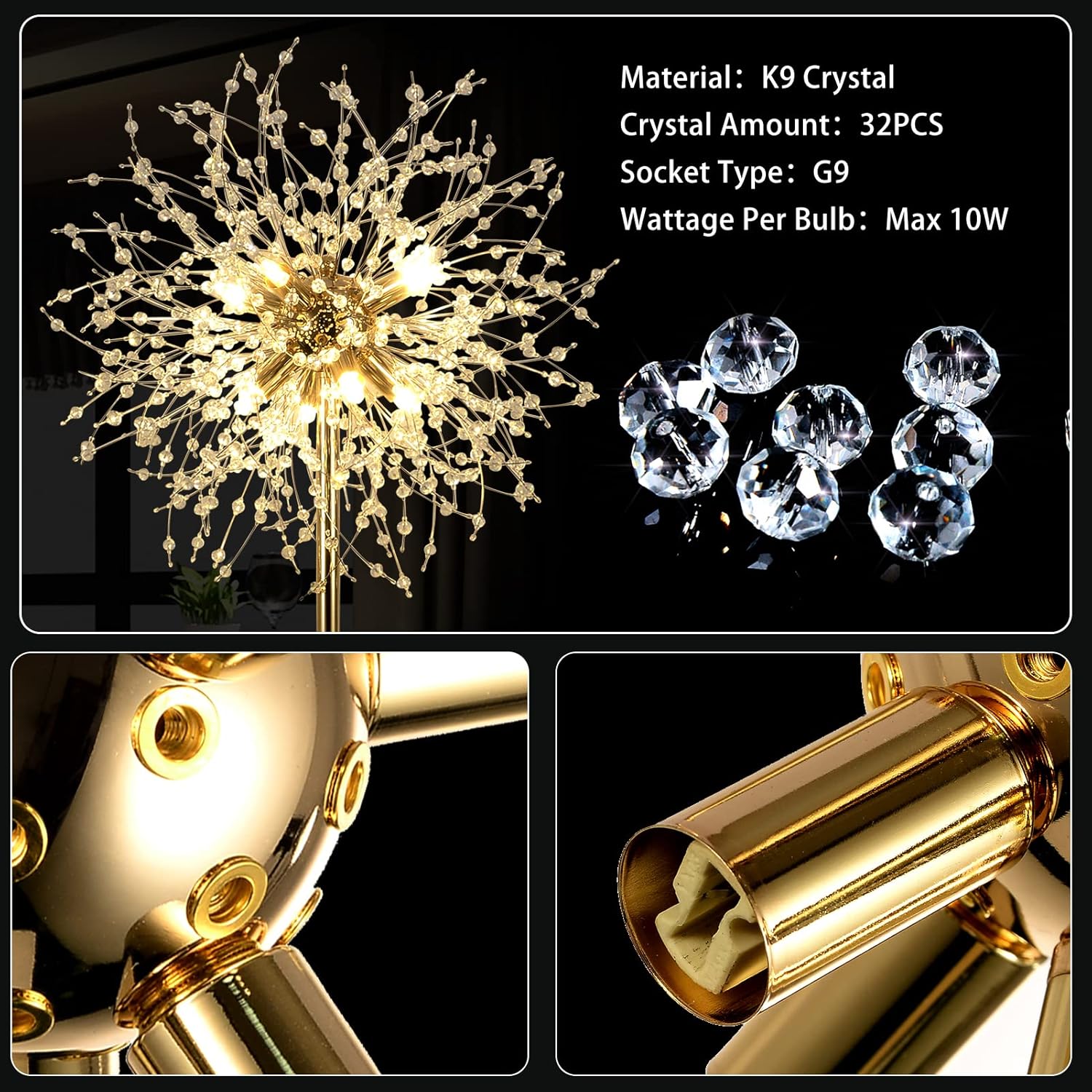Decorative light fixture with K9 crystal elements and gold finish on a black background.