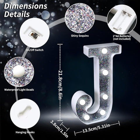 Letter J Style LED Marquee Lamp, Silver Glitter Light Up Letter Sign, Battery Powered Tabletop Decorative Marquee Light with On/Off Switch for Wedding, Birthday, Party and Home Decor