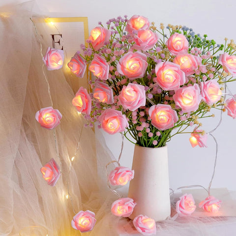 Pink Rose Fairy String Lights, 20 LED Battery Powered Flower Lights for Indoor & Outdoor Romantic Decor