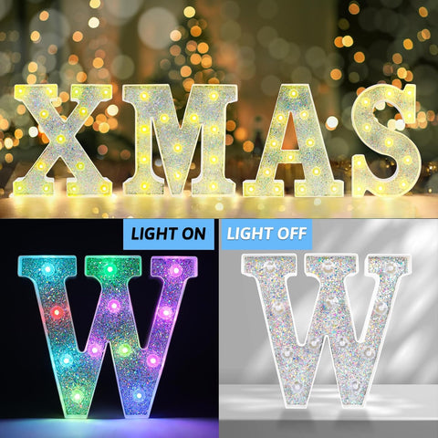 W Style Color Changing LED Letter Light, Glitter Marquee Lamp with 18 Colors, Remote Controlled, Battery Powered Decorative Letter Light for Party, Wedding, Birthday and Home Decor
