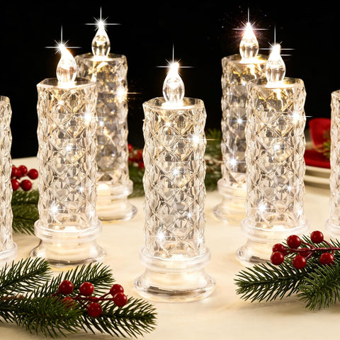 Crystal LED Flameless Candles Set of 6, Diamond-Cut Decorative Glass Candle Holders with Flickering Light for Wedding, Christmas & Holiday Table Décor