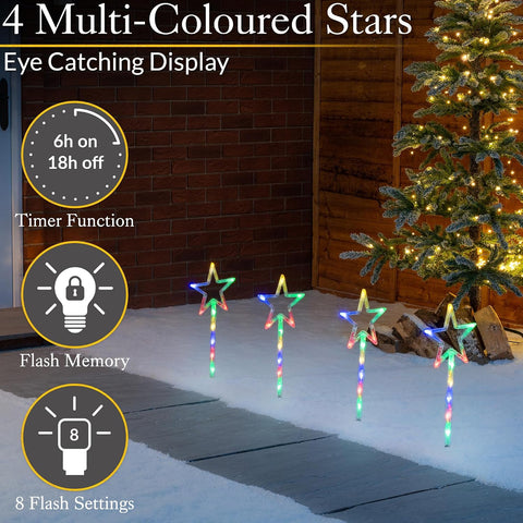 Christow Christmas Star Path Lights, Set of 4, 40 LEDs, Multi-Coloured