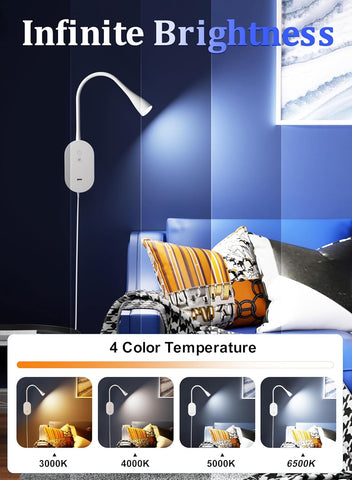 Bedroom scene with a wall-mounted light fixture and 'Infinite Brightness' text, featuring four color temperature options.
