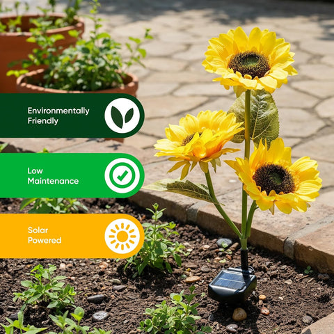 Solar Sunflower Stake Lights Outdoor Garden – Pack of 2 Decorative Solar Garden Lights with 3 Sunflower Heads, Warm White LEDs, Solar Powered Garden Ornaments