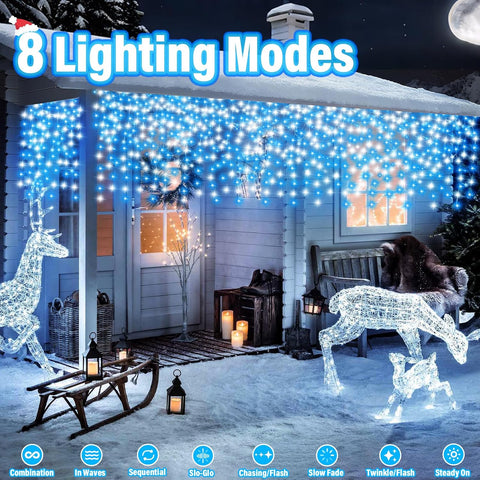 Christmas Icicle Lights Outdoor Blue & White 480 LED 50ft – 8 Modes, Timer & Memory Waterproof LED Christmas Lights for Eaves, Fences, Patios & Gardens