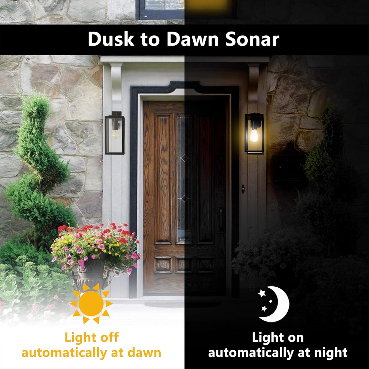 Comparison of a door at dusk and night with 'Dusk to Dawn Sonar' lighting system.