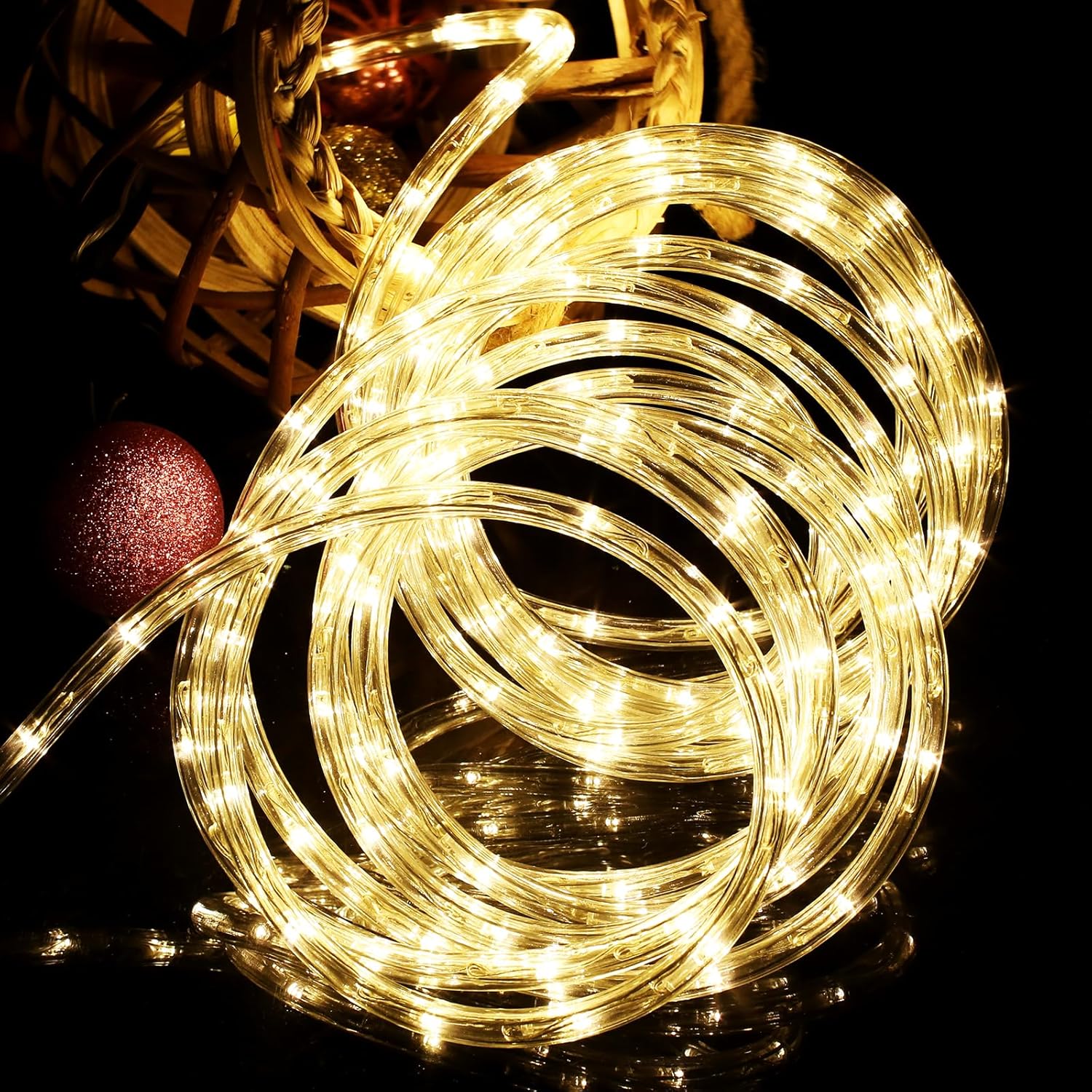 Coiled string light with warm glow on a dark background