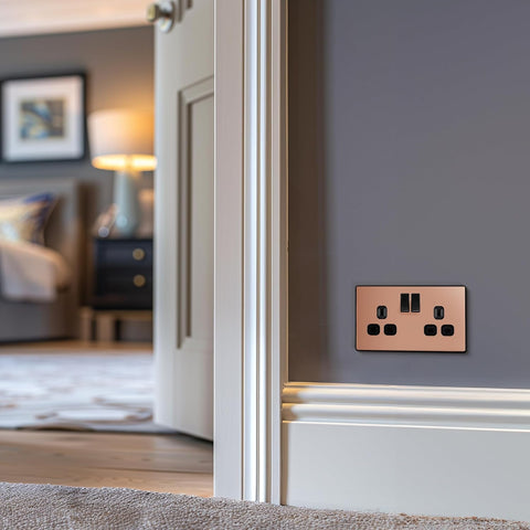 BG Electrical Double Switched Power Plug Wall Socket, Screwless, Evolve, Polished Copper, 13A, PCDCP22B