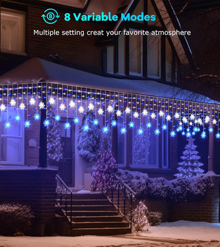 10.7M 240 LED Snowflake Icicle Christmas Lights – Blue White Outdoor Festive Lights with 8 Modes, Timer & Remote - Make Your Home Glow With Winter Magic