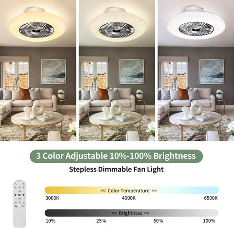 Ceiling fan light fixture with adjustable brightness and color temperature display in a living room setting.
