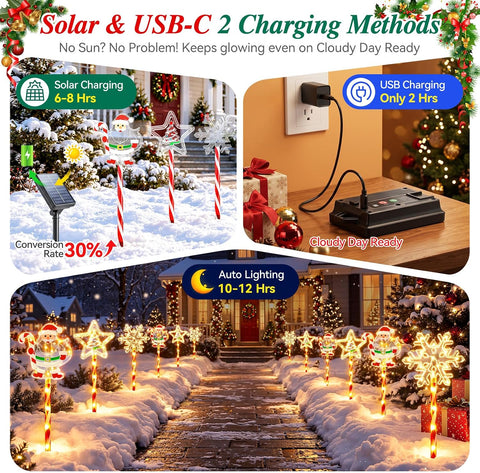 GEARLITE Solar Christmas Lights 6Pack Santa Snowflake Star Candy Cane Light
