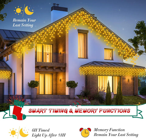 20M 480LED Warm White Icicle Christmas Lights – Outdoor Mains Powered with Timer, Memory & 8 Modes - Turn Your Roofline Into a Winter Glow