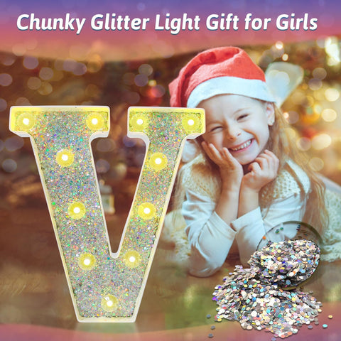 V Style Color Changing LED Letter Light, Glitter Marquee Lamp with 18 Colors, Remote Controlled, Battery Powered Decorative Letter Light for Party, Wedding, Birthday and Home Decor