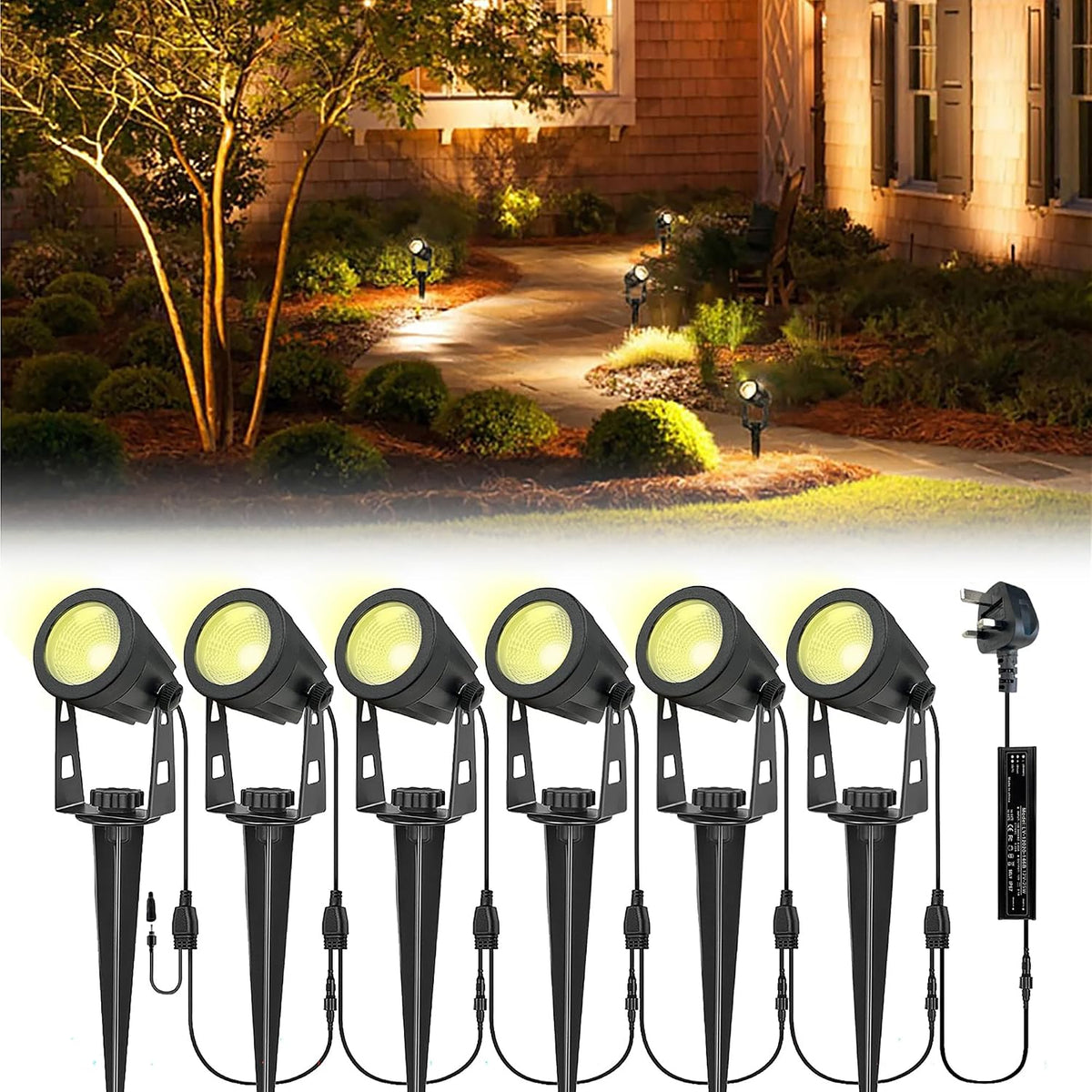 Litake Garden Lights Mains Powered,6 Pack Pathway Lights 21m/68.9ft 3W Extendable LED Spike Lights Outdoor Landscape IP66 Waterproof Spotlights for Lawn Tree Patio Yard Wall (3000K Warm White)