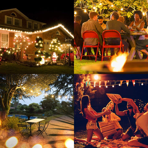 Mains-powered LED string lights on a backyard patio.

