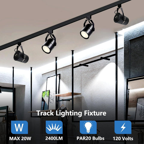 Track lighting fixture in a modern interior setting with product specifications displayed.