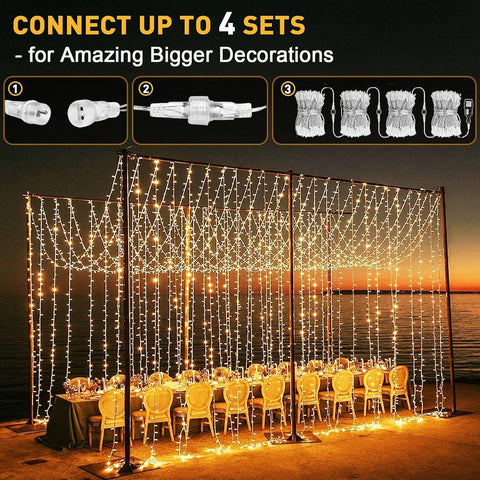 Yowin 600 LED Curtain Lights 6m x 3m Warm White Plug-In Christmas Fairy Lights – Transform Windows, Garden Fences & Party Spaces into a Soft Glow of Festive Magic