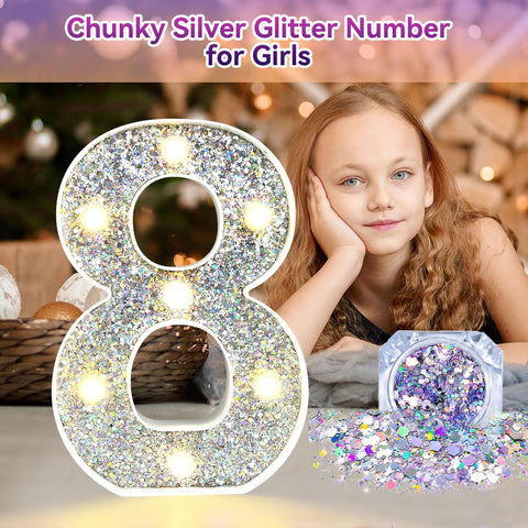 Silver Glitter LED Number Light – 8.86 Inch Marquee Number 4