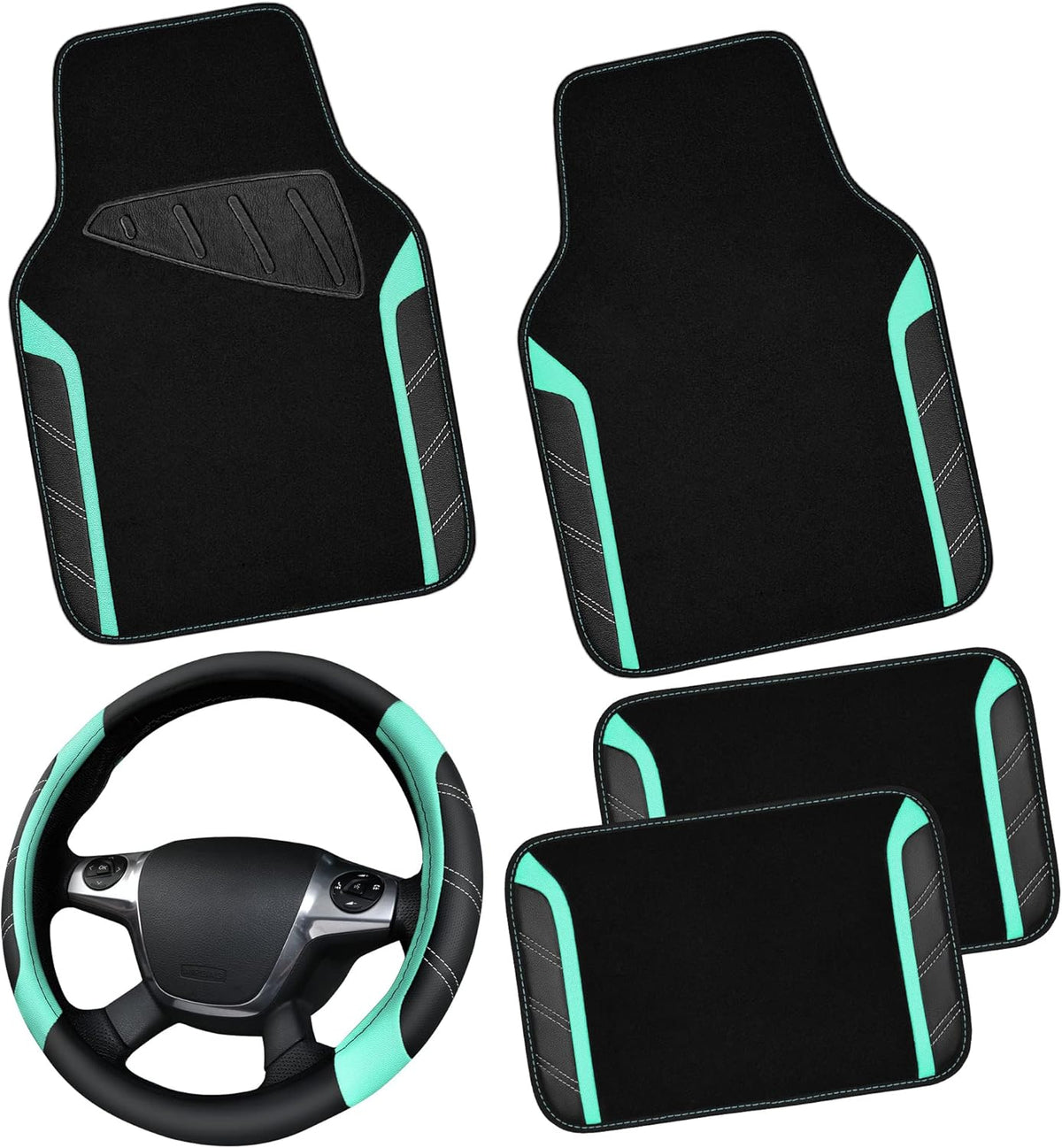 CAR PASS Leather Steering Wheel Cover and Waterproof Car Floor Mats Combo