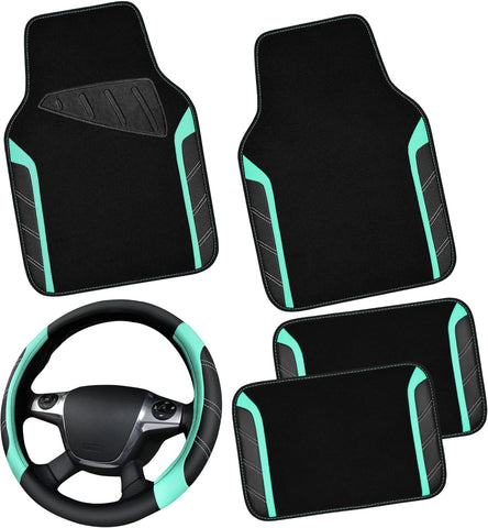 CAR PASS Leather Steering Wheel Cover and Waterproof Car Floor Mats Combo