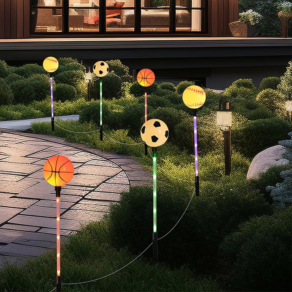 Solar Garden Sports Ball Theme Party Stake Lights Soccer Basketball Football Baseball Mixed LED Landscape Path Lights Indoor/Outdoor Christmas Festival Home Patio Decoration Lamps