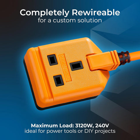 Masterplug One Socket Single Extension Lead, 10 Metre Cable, Unswitched, Heavy Duty, Rewireable, 1-Way Plug Extension Cable, Work Power, Permaplug, Orange, 13A, 1G, 10m, EXS13110O