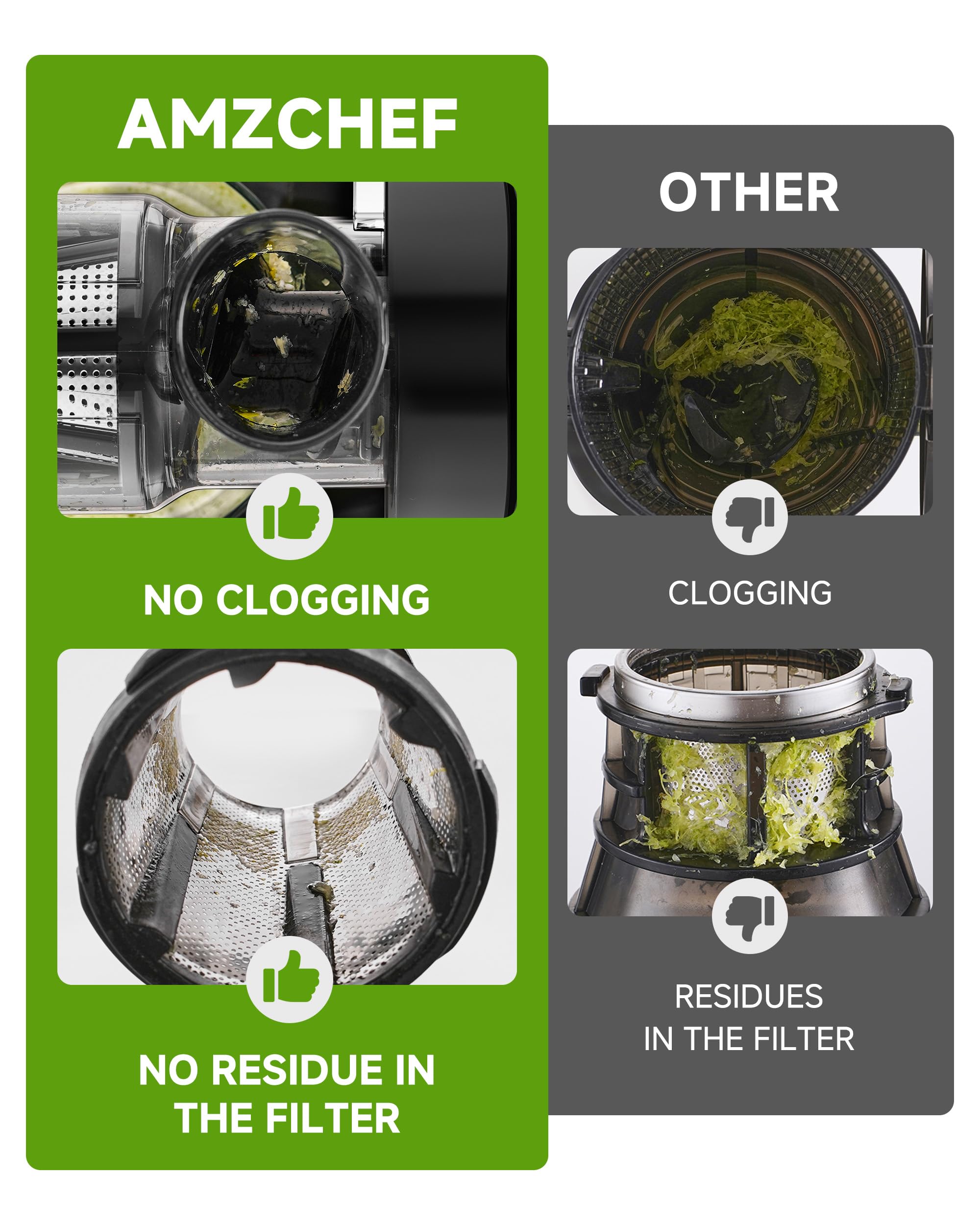 AMZCHEF Juicer Machines - Cold Press Slow Juicer - Masticating Juicer for Whole Fruits and Vegetables - Delicate Chew No Need to Filter - BPA Free Juice Extractor with 2 Cups and Brush - Black