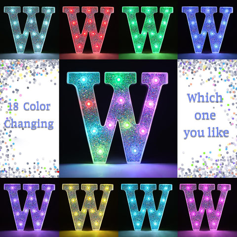 W Style Color Changing LED Letter Light, Glitter Marquee Lamp with 18 Colors, Remote Controlled, Battery Powered Decorative Letter Light for Party, Wedding, Birthday and Home Decor