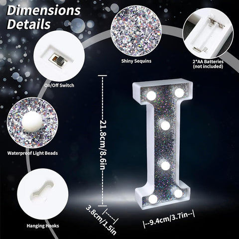Letter I Style LED Marquee Lamp, Silver Glitter Light Up Letter Sign, Battery Powered Tabletop Decorative Marquee Light with On/Off Switch for Wedding, Birthday, Party and Home Decor