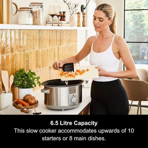 Sear & Stew 6.5L Aluminium Slow Cooker – Brushed Stainless Steel, Hob-Proof Pot, Dishwasher Safe, 163W