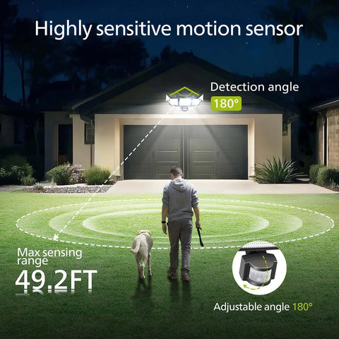 Person walking a dog with a motion sensor light in front of a house, highlighting its detection range and adjustable angle.