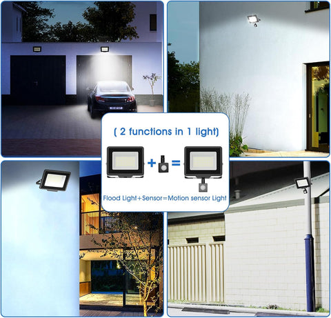 Collage of outdoor flood lights in various settings with text indicating dual function.