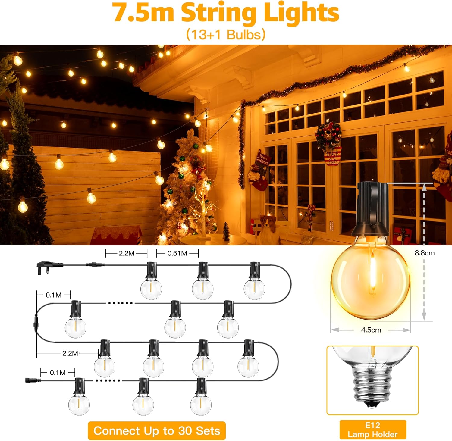 Christmas LED String Light Mains Powered, Festoon Lights Outdoor 7.5m, Waterproof with Plug/13+1 Shatterproof G40 Bulbs/Hook, Bright Warm White Lighting Outside Indoor Tree Garden Decorations
