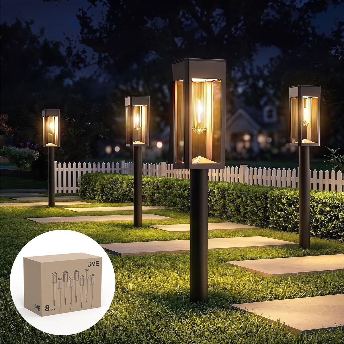 UME 8 Packs Garden Solar Lights, Glass Metal LED Solar Path Lights, 3000K Warm White, Waterproof Solar Lights Outdoor Garden for Yard, Walkway, Patio, Driveway, Lawn