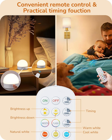 EDISHINE USB Rechargeable Wall Light Set of 2 Wireless Dimmable LED Sconces